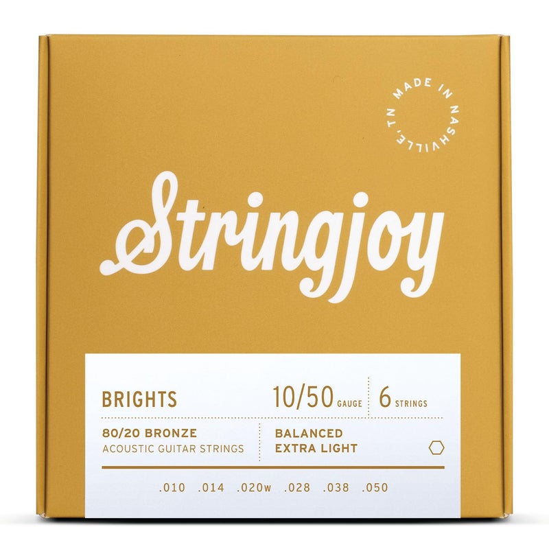 Stringjoy BB1050 Brights 80/20 Bronze Acoustic Guitar Strings, (Extra Light Gauge - 10-50) - Image 1